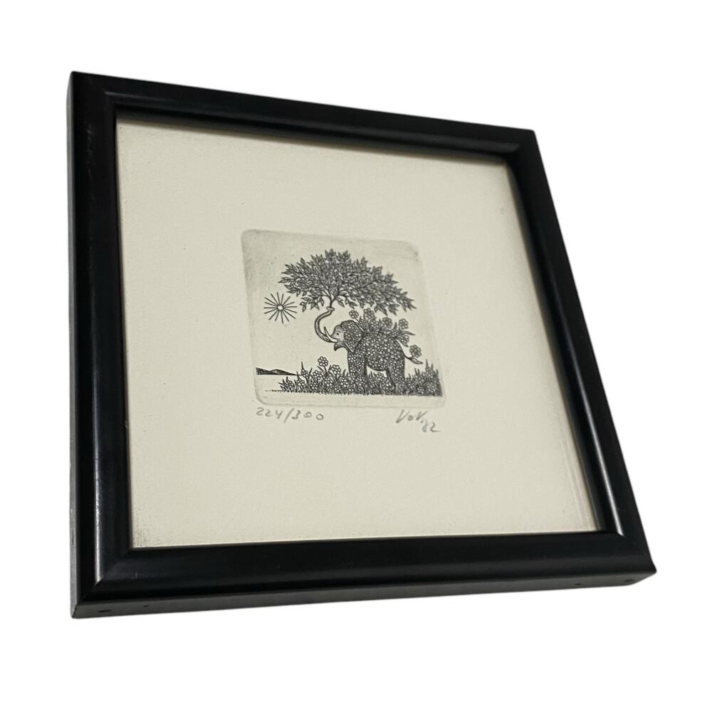 Elephant Etching Signed Vintage Limited Edition 4.75" x 4.75" Framed Decor - Picture 3 of 11